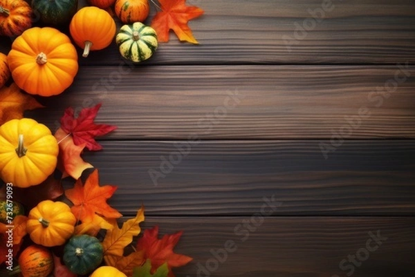 Fototapeta Happy Thanksgiving Greeting Card with Colorful Pumpkins, Squash, and Leaves on Dark Wood Background
