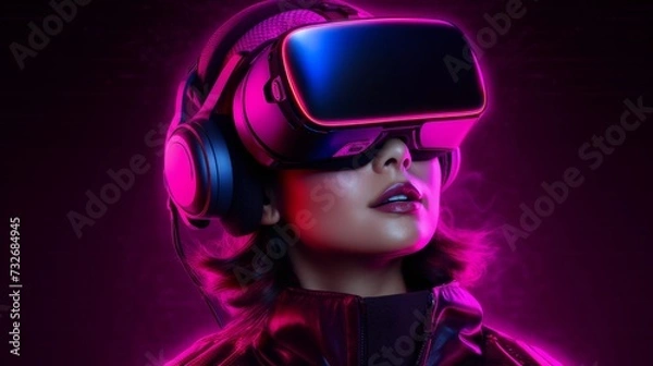Obraz Woman wearing virtual reality goggles in neon light