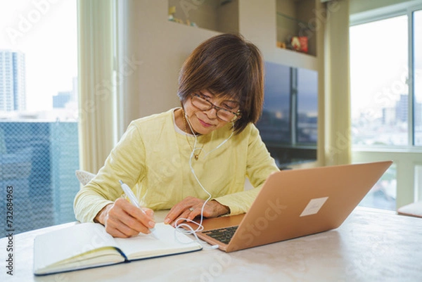 Fototapeta ノートパソコンで研修を受けるシニア女性