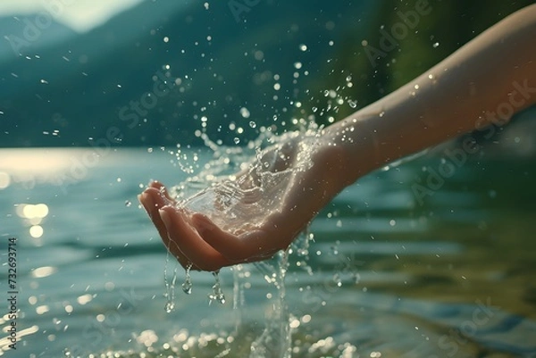 Fototapeta Closeup of woman's hand holding fresh water splashing in the lake