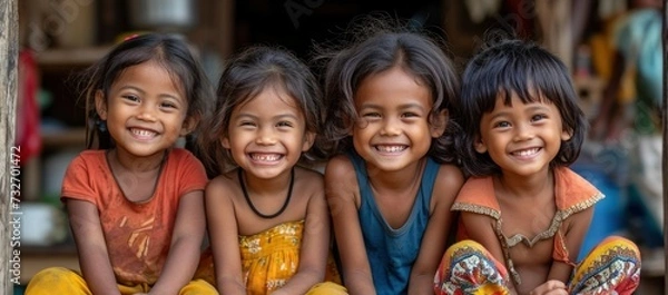 Fototapeta Happy faces of Indonesian children who continue to go to school despite dire economic conditions. Childhood in poor countries