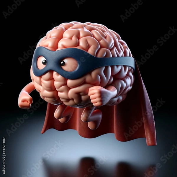 Fototapeta small super hero brain character with a cape, hovering in mid-air, isolated and centered on a clean black background