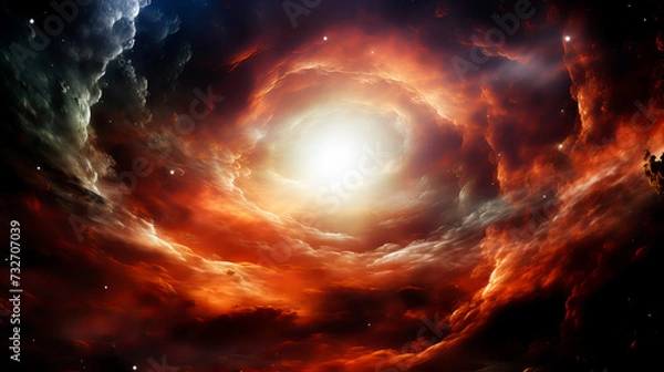Fototapeta Fiery explosion in space, computer generated abstract background. Red and orange nebula with stars and galaxies. Generative AI technology.
