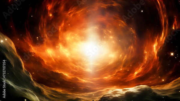 Fototapeta Fiery explosion in space, computer generated abstract background. Red and orange nebula with stars and galaxies. Generative AI technology.