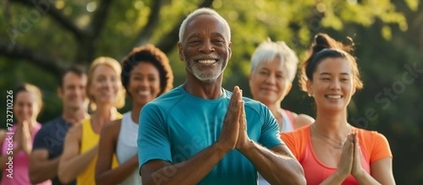 Fototapeta Diverse group of people participating in a wellness event or fitness class together outdoor nature view, promoting a sense of community support for health goals