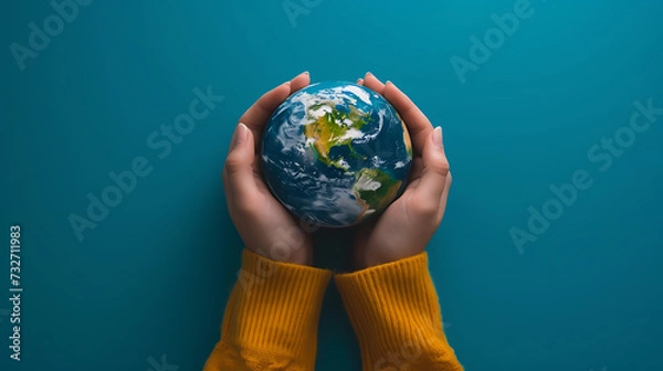 Fototapeta Two hands cradle a miniature Earth against a vivid blue background, symbolizing care and responsibility for our planet