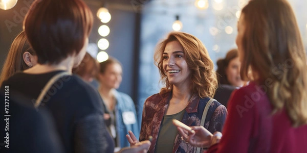 Fototapeta meeting within a company, networking at a reception, group of employees, businesswomen chatting at a networking event, sharing and chatting with a smile