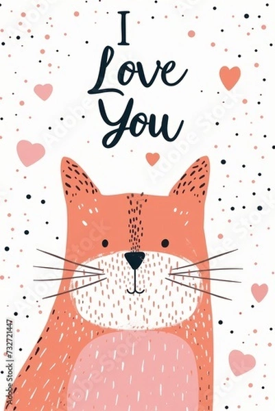 Fototapeta Vector illustration card with cute red kitty and words "I love you" on white background. Valentine's Day concept.