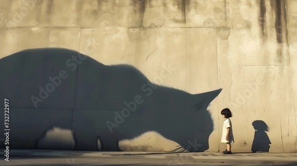 Fototapeta Young Child Looking At A Giant Cat Shadow On The Wall  (Generative AI)