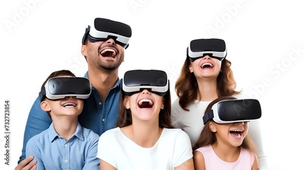 Obraz 
Joyful Family Experiencing Virtual Reality

A delighted family of four wears VR headsets, exploring virtual worlds together, perfect for showcasing the fun of interactive technology and family 