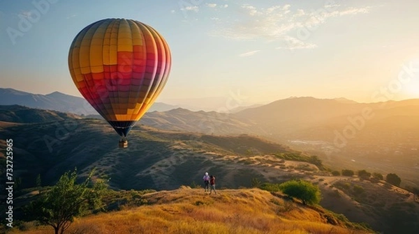 Fototapeta Hot Air Balloon Floating Above Rolling Hills with a Couple Enjoying the Scenic View at Sunset