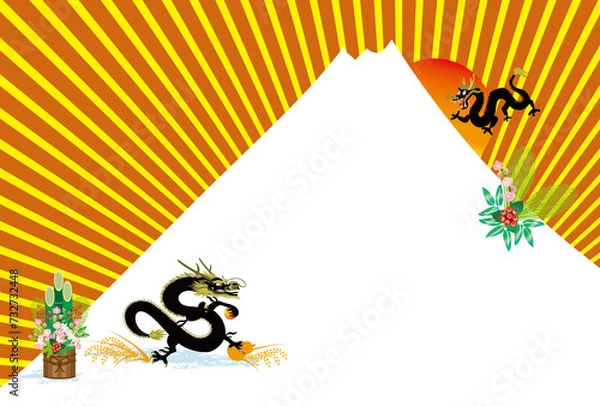 Fototapeta 日の出の富士山と二匹の龍の和風モダンなイラスト