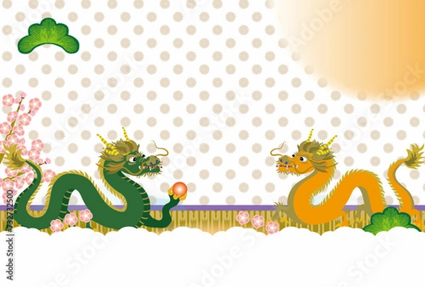 Obraz 龍の和風モダンなイラストに梅の花と松の葉の飾り付き