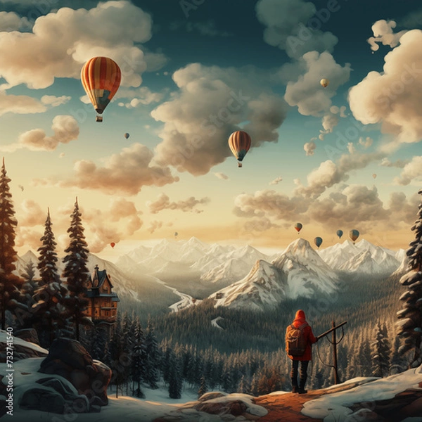 Fototapeta Fantasy landscape. Wanderer enjoying a fairy tale landscape with a pine wood forest and colorful balloons in the sky. Beautiful snowy mountains in the background and gorgeous fluffy clouds above them.