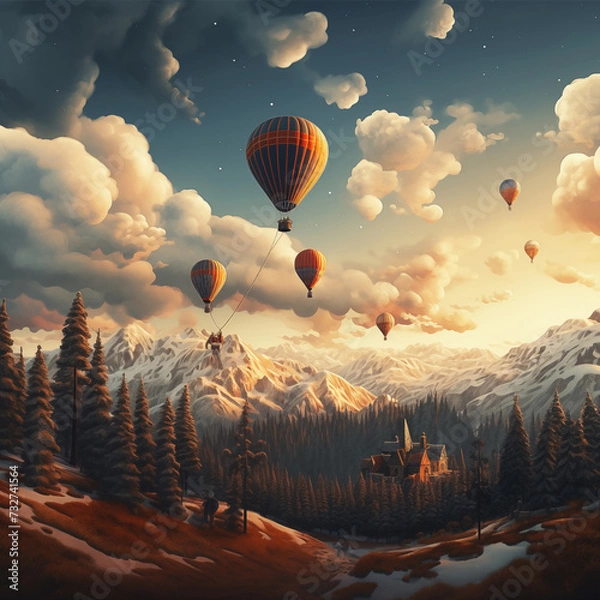 Fototapeta Fantasy landscape. Wanderer enjoying a fairy tale landscape with a pine wood forest and colorful balloons in the sky. Beautiful snowy mountains in the background and gorgeous fluffy clouds above them.