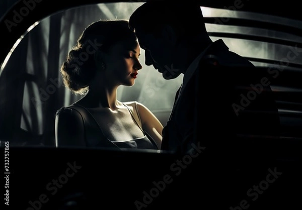 Obraz Emotionally charged color photograph of a man and a woman in a car by a dark building, film noir style with dramatic light and shadow. From the series "Art Film - Color," “The Lovely Ladies."
