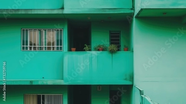 Fototapeta A residential building with green walls and balconies adorned with potted plants under an overcast sky