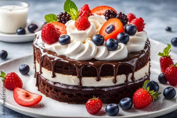 Fototapeta chocolate cake with cream and fruit