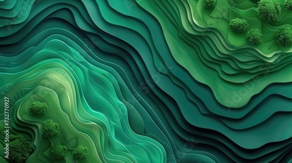Fototapeta Stylized green topography with tree elements creating an ecological artwork.
