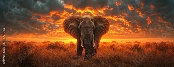 Obraz a majestic elephant with golden trunk standing against the sunset