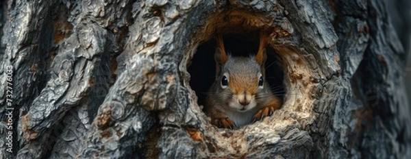 Fototapeta red squirrel with walnut sitting inside a hole in a tree