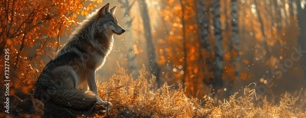 Fototapeta a wolf sitting around a rock in the forest