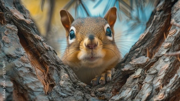 Fototapeta Alert Squirrel: Close-Up of Squirrel with Curious Expression on Tree Branch.