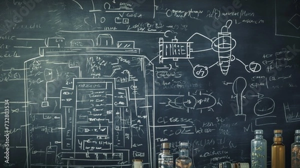 Fototapeta Concept of new battery, design drawn on a blackboard , detailed math concept,