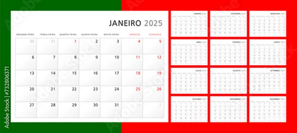 Fototapeta Calendar 2025 in Portuguese. Wall quarterly calendar for 2025 in a classic minimalist style. Week starts on Monday. Set of 12 months. Corporate Planner Template. A4 format horizontal. Vector graphics