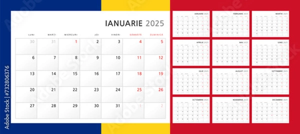 Fototapeta Calendar 2025 in Romanian. Wall quarterly calendar for 2025 in classic minimalist style. Week starts on Monday. Set of 12 months. Corporate Schedule Template. A4 format horizontal. Vector graphics