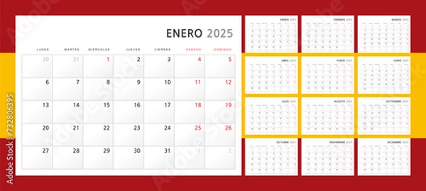 Obraz Calendar 2025 in Spanish. Wall quarterly calendar for 2025 in a classic minimalist style. Week starts on Monday. Set of 12 months. Corporate Planner Template. A4 format horizontal. Vector graphics