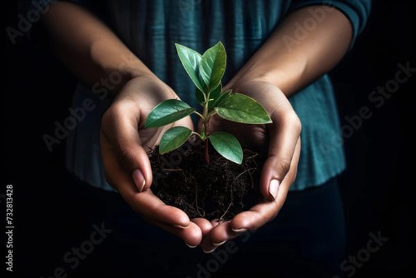 Obraz two hands holding a green plant with soils	
