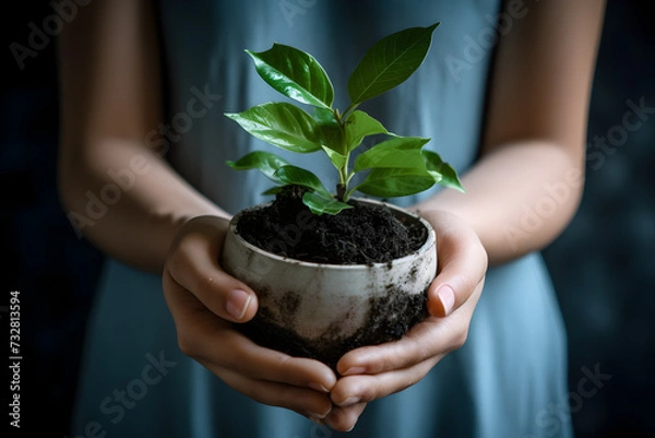 Obraz two hands holding a green plant 