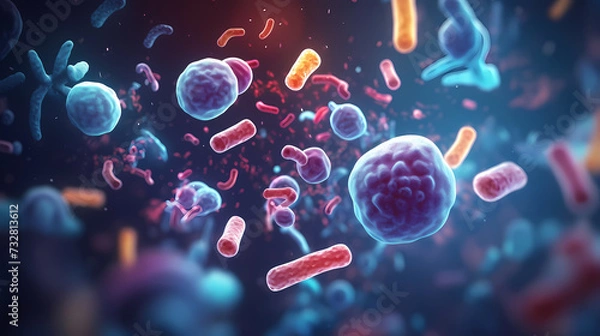 Fototapeta Various shapes of bacteria, probiotics under microscope, science, medicine concept background
