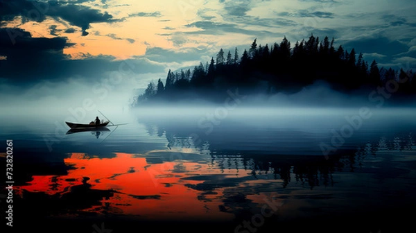 Fototapeta Fishing boat on the lake in the morning with fog and reflection. Generative AI technology.
