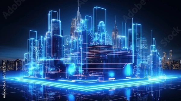 Fototapeta 3D rendering illustration Building blueprint glowing neon hologram futuristic show technology security for premium product business finance transportation, generative ai, 