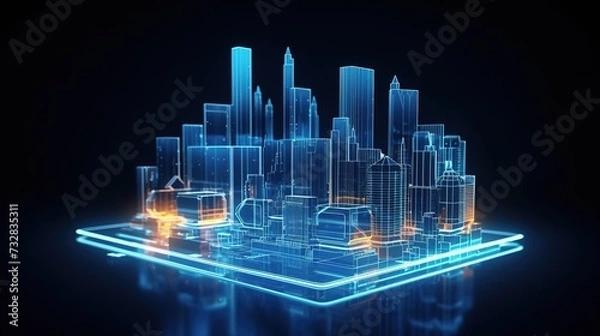 Fototapeta 3D rendering illustration Building blueprint glowing neon hologram futuristic show technology security for premium product business finance transportation, generative ai, 