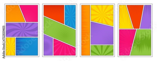 Fototapeta Comic book page template set. Retro colorful pop art frames for superhero story with action lines and dot effects. Vector сomicы backgrounds