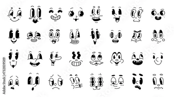 Fototapeta Retro groovy 30s, 50s comic and old cartoon face set. Caricature mascot character emotion. Happy vintage animation eyes and mouths. Vector hand drawn funny faces