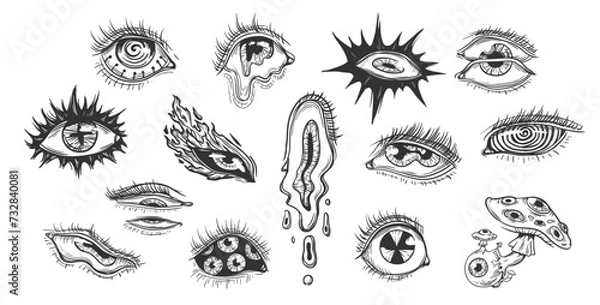 Fototapeta Esoteric groovy deformed human eyes sketch for tattoos and prints set. Female eye with radioactive pupil. Eyeball with mushroom. Eyes melting with tears. Vector psychedelic hand drawn