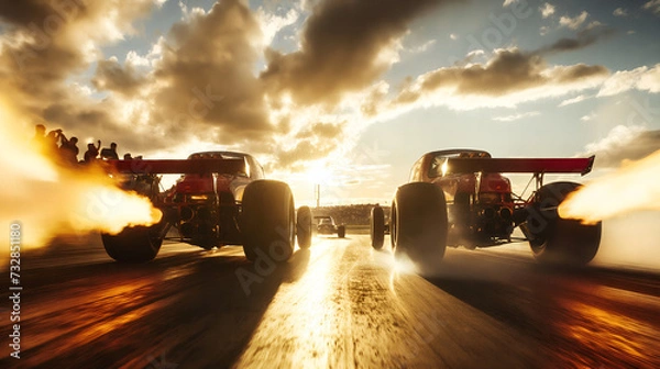 Fototapeta drag strip, formula car, race car, slick tires, speed, performance, motorsport, racing, competition, track, burnout, smoke, power, acceleration, vintage, aerodynamics, rear wing, racing team, pit lane