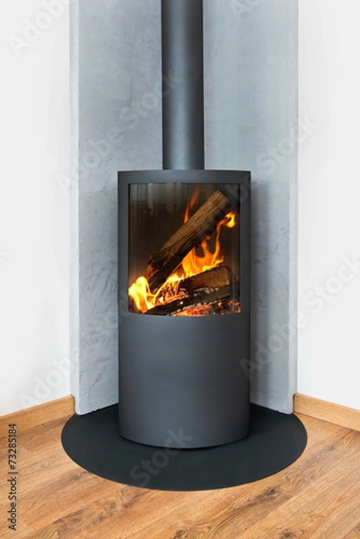 Fototapeta Modern burning stove in a corner of room