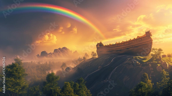 Obraz Noahs Ark Boat Rests on Green Hillside with Rainbow in Sky
