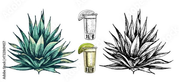 Obraz Cactus blue agave. Vector vintage hatching color illustration. Isolated on white