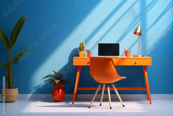 Fototapeta office interior with table, blue wall, orange chair and desk, lamp, plants, open laptop, and design objects, modern comfortable design vivid teleworking set with pop inspiration candy colors
