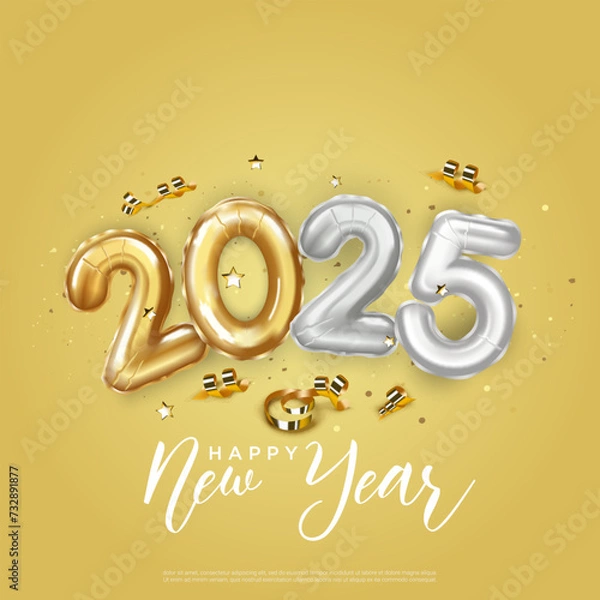 Obraz Happy new year 2025. realistic gold and silver balloon numbers of 2025