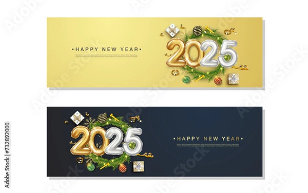 Obraz 2025 happy New Year. set of realistic gold and silver balloon decoration. celebrate party 2025 background