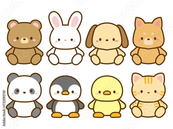 Fototapeta 動物のベクターイラストのセット。犬や猫、ウサギやクマなど、いろいろな種類の動物のアイコン、挿し絵に便利なクリップアート。