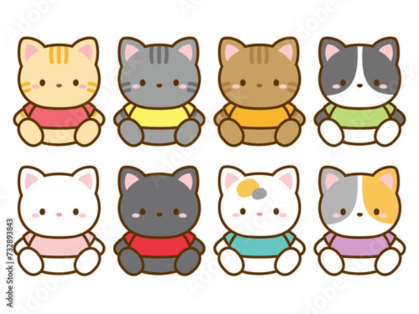 Fototapeta 動物のイラスト、服を着た猫のベクターイラストのセット。いろいろな種類の猫のアイコン、挿し絵に便利なクリップアート。