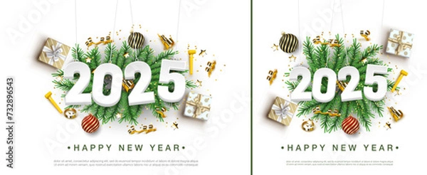 Obraz Happy New Year 2025. festive realistic decoration. Set of 2025 New Year background